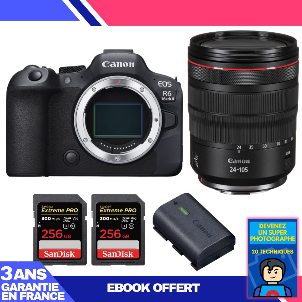 Boitier Canon EOS R6 Mark II + RF 24 105mm f4 IS USM + 2 SanDisk Extreme PRO UHS II SDXC 300 MB/ + 1 Canon LP E6NH + Ebook 'Devenez Un Super Photographe - vue 3
