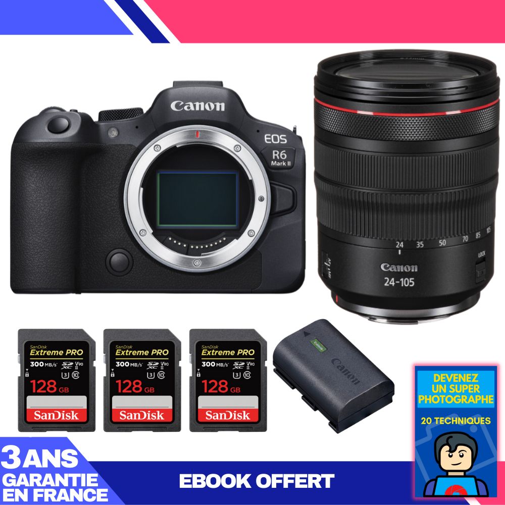 Boitier Canon EOS R6 Mark II + RF 24 105mm f4 IS USM + 3 SanDisk Extreme PRO UHS II SDXC 300 MB/ + 1 Canon LP E6NH + Ebook 'Devenez Un Super Photographe - vue 3