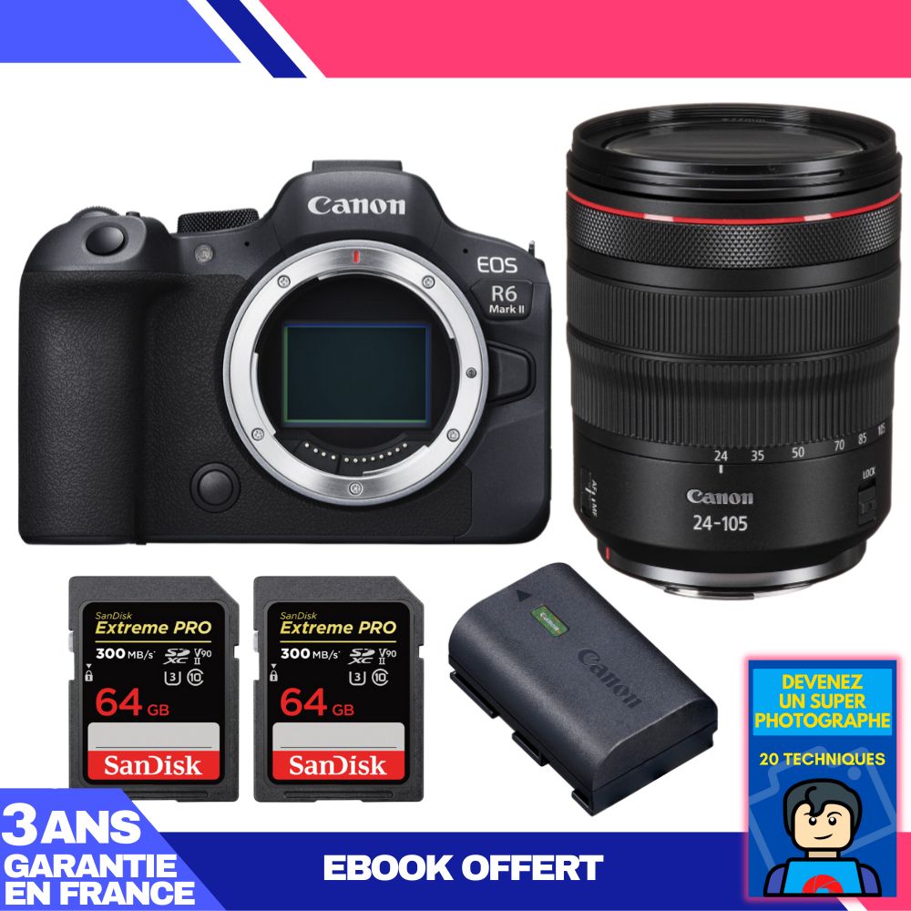 Boitier Canon EOS R6 Mark II + RF 24 105mm f4 IS USM + 2 SanDisk Extreme PRO UHS II SDXC 300 MB/ + 1 Canon LP E6NH + Ebook 'Devenez Un Super Photographe - vue 4