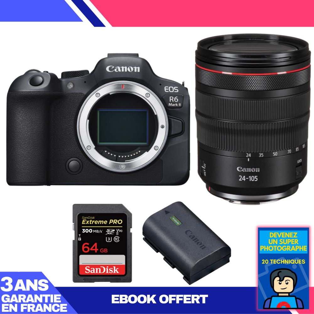 Boitier Canon EOS R6 Mark II + RF 24 105mm f4 IS USM + 1 SanDisk Extreme PRO UHS II SDXC 300 MB/ + 1 Canon LP E6NH + Ebook 'Devenez Un Super Photographe - vue 2