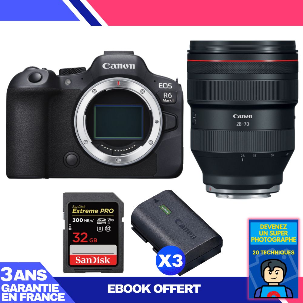 Boitier Canon EOS R6 Mark II + RF 28 70mm f2 USM + 1 SanDisk Extreme PRO UHS II SDXC 300 MB/ + 3 Canon LP E6NH + Ebook 'Devenez Un Super Photographe - vue 2