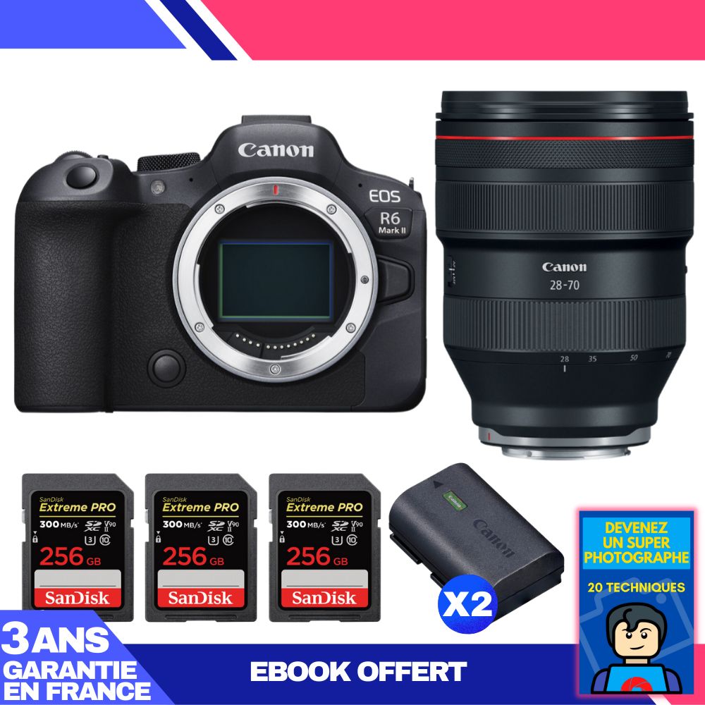 Boitier Canon EOS R6 Mark II + RF 28 70mm f2 USM + 3 SanDisk Extreme PRO UHS II SDXC 300 MB/ + 2 Canon LP E6NH + Ebook 'Devenez Un Super Photographe