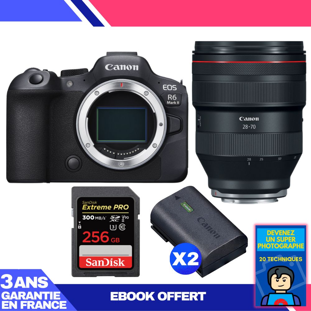 Boitier Canon EOS R6 Mark II + RF 28 70mm f2 USM + 1 SanDisk Extreme PRO UHS II SDXC 300 MB/ + 2 Canon LP E6NH + Ebook 'Devenez Un Super Photographe - vue 2