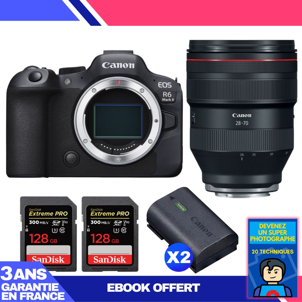 Boitier Canon EOS R6 Mark II + RF 28 70mm f2 USM + 2 SanDisk Extreme PRO UHS II SDXC 300 MB/ + 2 Canon LP E6NH + Ebook 'Devenez Un Super Photographe - vue 3