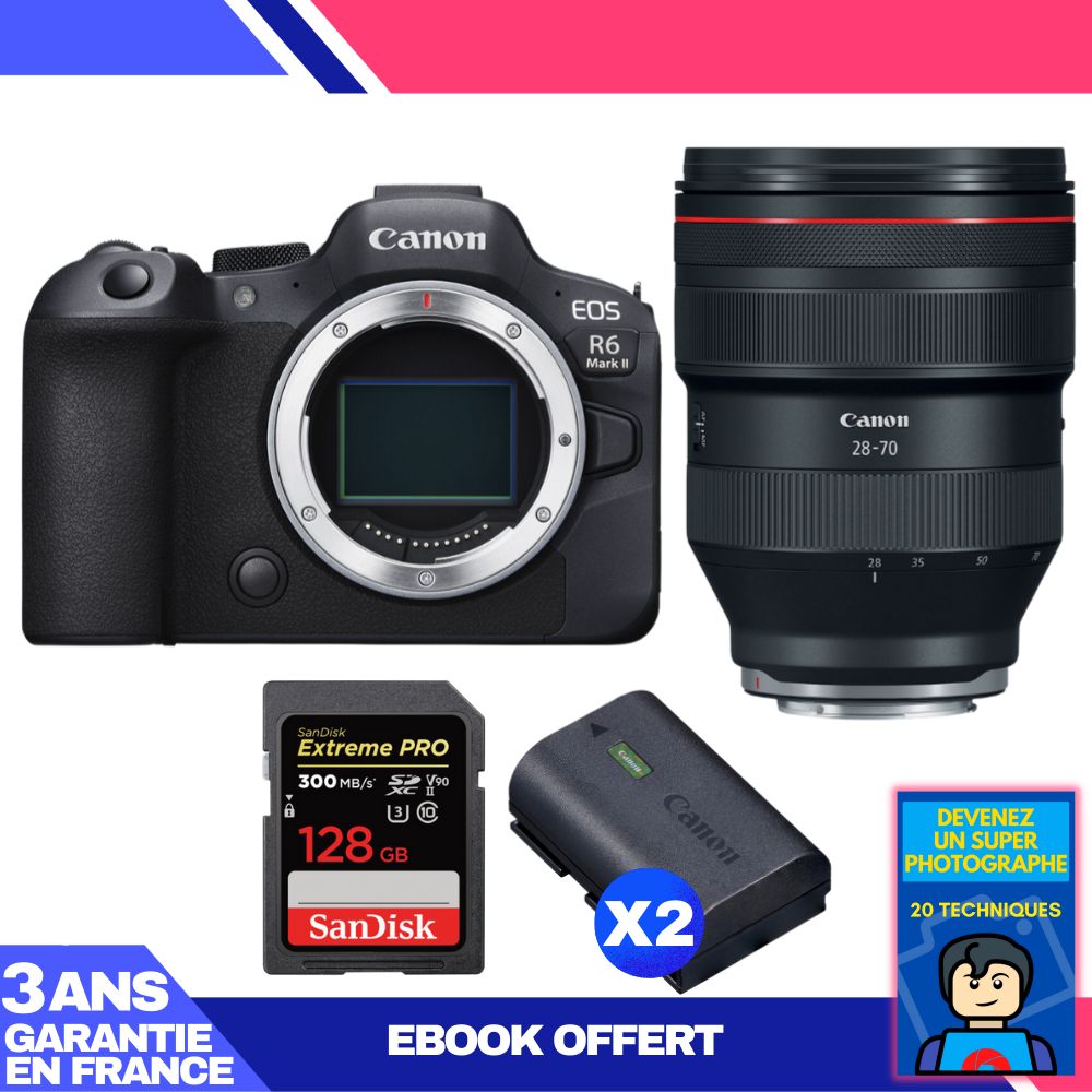 Boitier Canon EOS R6 Mark II + RF 28 70mm f2 USM + 1 SanDisk Extreme PRO UHS II SDXC 300 MB/ + 2 Canon LP E6NH + Ebook 'Devenez Un Super Photographe