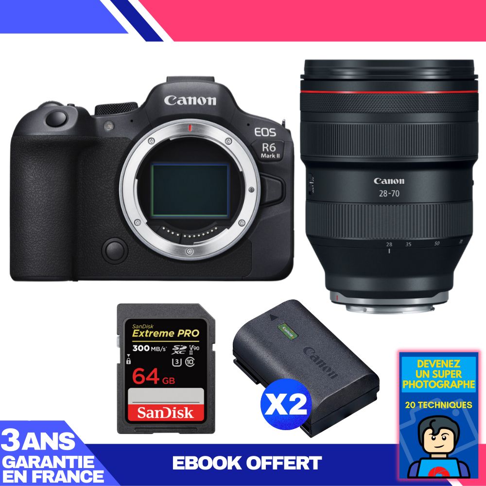 Boitier Canon EOS R6 Mark II + RF 28 70mm f2 USM + 1 SanDisk Extreme PRO UHS II SDXC 300 MB/ + 2 Canon LP E6NH + Ebook 'Devenez Un Super Photographe - vue 3
