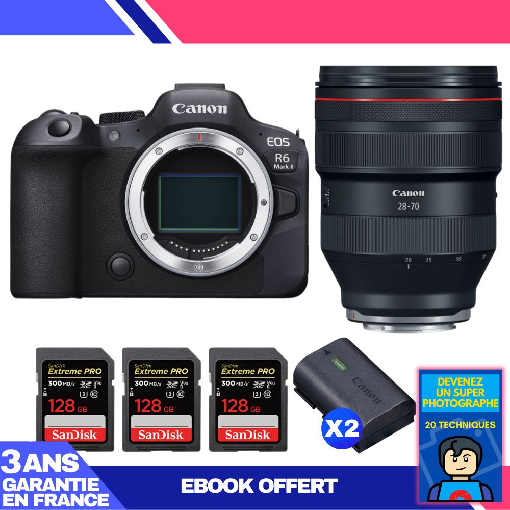 Boitier Canon EOS R6 Mark II + RF 28 70mm f2 USM + 3 SanDisk Extreme PRO UHS II SDXC 300 MB/ + 2 Canon LP E6NH + Ebook 'Devenez Un Super Photographe - vue 3