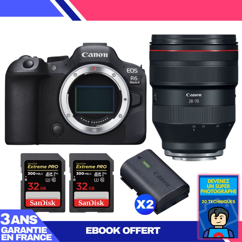 Boitier Canon EOS R6 Mark II + RF 28 70mm f2 USM + 2 SanDisk Extreme PRO UHS II SDXC 300 MB/ + 2 Canon LP E6NH + Ebook 'Devenez Un Super Photographe