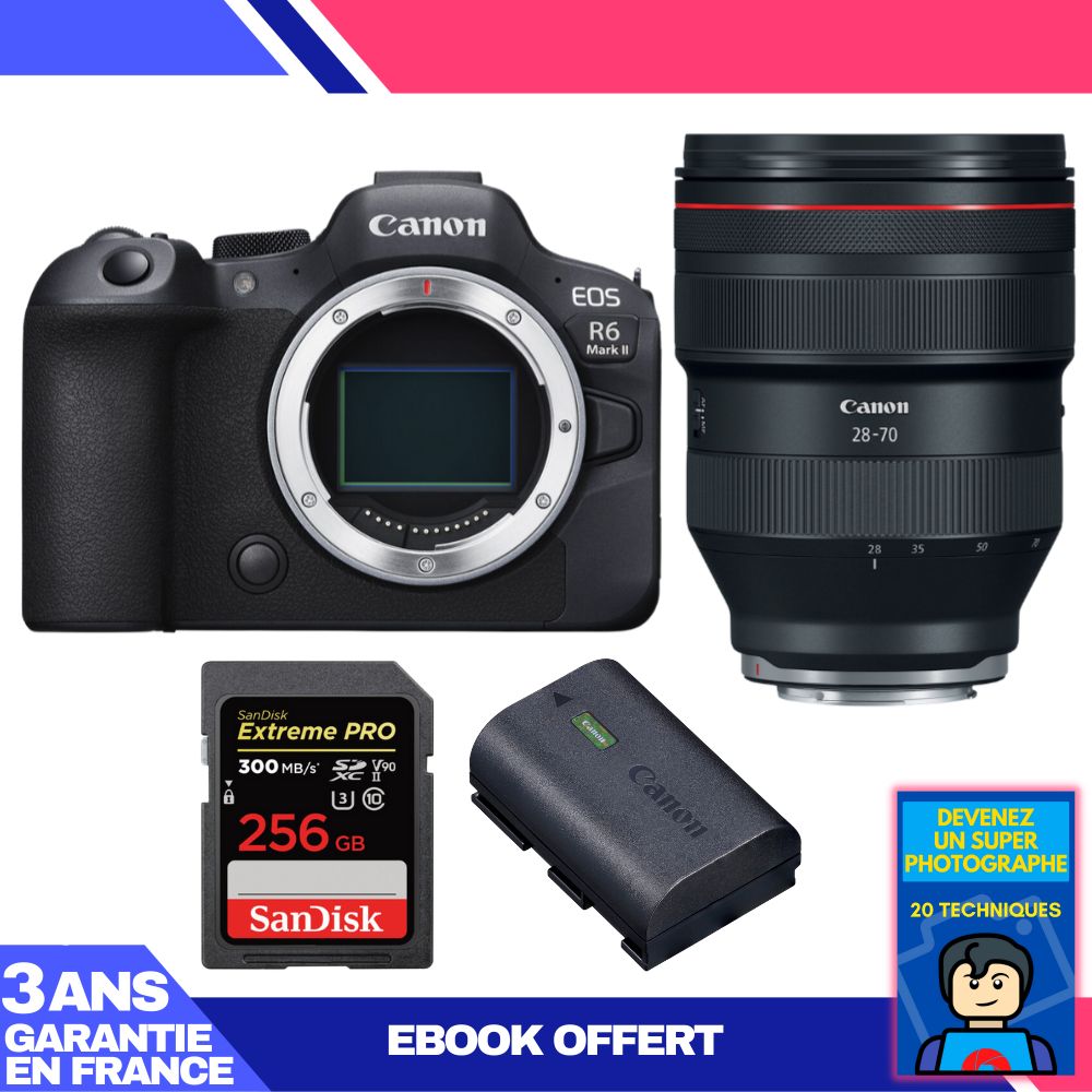 Boitier Canon EOS R6 Mark II + RF 28 70mm f2 USM + 1 SanDisk Extreme PRO UHS II SDXC 300 MB/ + 1 Canon LP E6NH + Ebook 'Devenez Un Super Photographe