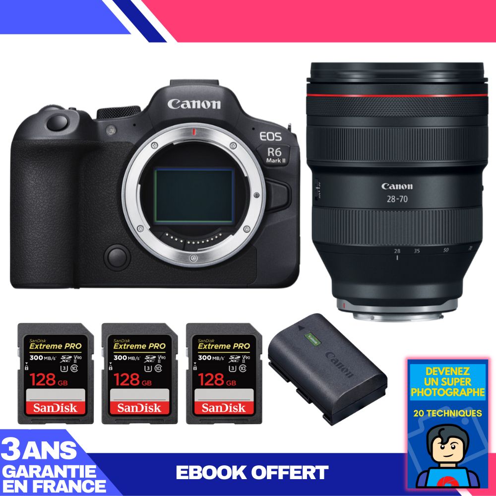 Boitier Canon EOS R6 Mark II + RF 28 70mm f2 USM + 3 SanDisk Extreme PRO UHS II SDXC 300 MB/ + 1 Canon LP E6NH + Ebook 'Devenez Un Super Photographe - vue 2