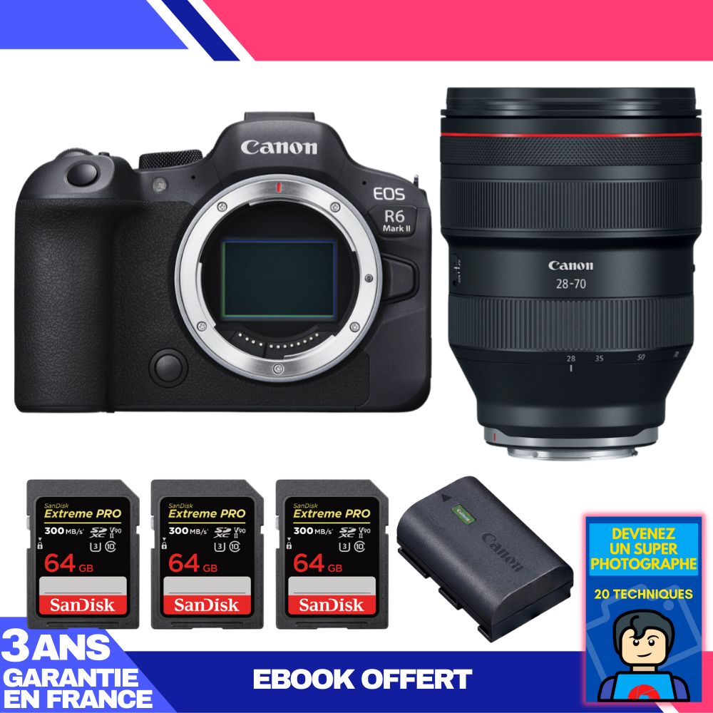 Boitier Canon EOS R6 Mark II + RF 28 70mm f2 USM + 3 SanDisk Extreme PRO UHS II SDXC 300 MB/ + 1 Canon LP E6NH + Ebook 'Devenez Un Super Photographe