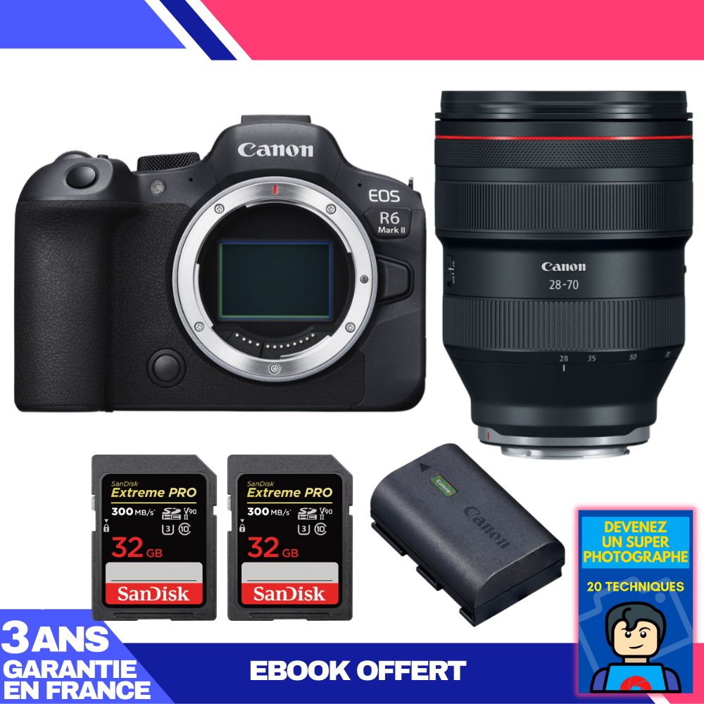 Boitier Canon EOS R6 Mark II + RF 28 70mm f2 USM + 2 SanDisk Extreme PRO UHS II SDXC 300 MB/ + 1 Canon LP E6NH + Ebook 'Devenez Un Super Photographe - vue 2