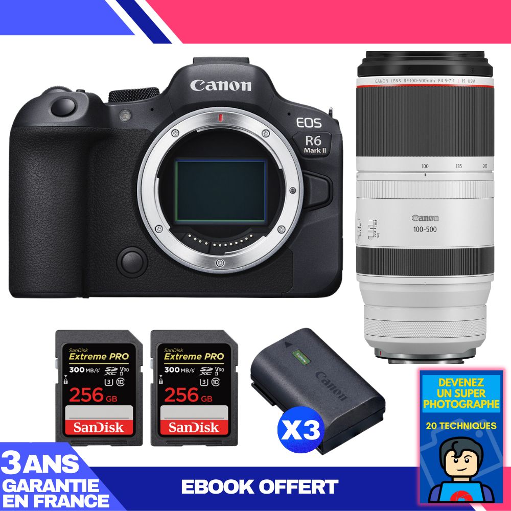Boitier Canon EOS R6 Mark II + RF 100 500mm f4.5 7.1 IS USM + 2 SanDisk Extreme PRO UHS II SDXC 300 MB/ + 3 Canon LP E6NH + Ebook 'Devenez Un Super Photographe - vue 4