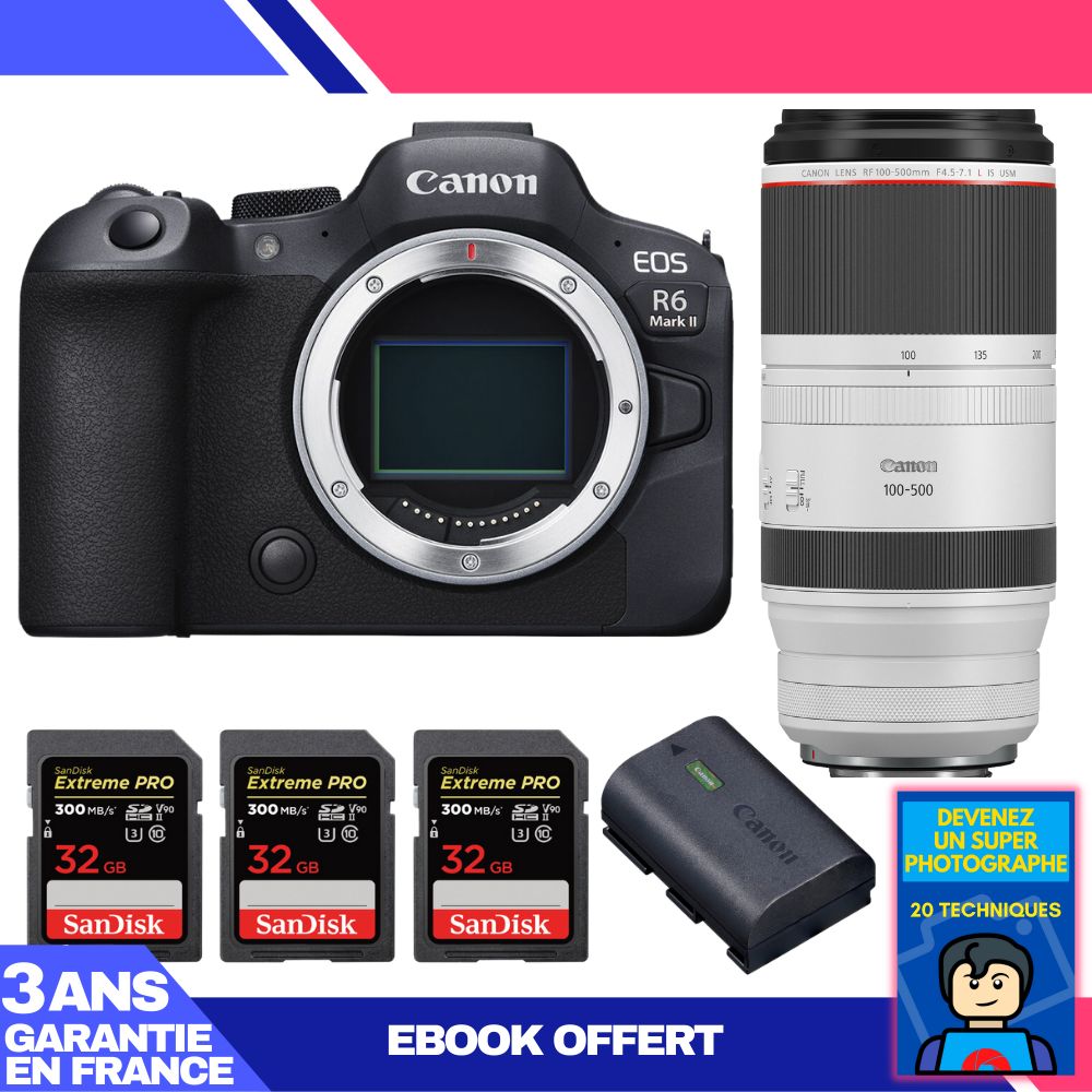 Boitier Canon EOS R6 Mark II + RF 100 500mm f4.5 7.1 IS USM + 3 SanDisk Extreme PRO UHS II SDXC 300 MB/ + 1 Canon LP E6NH + Ebook 'Devenez Un Super Photographe - vue 2