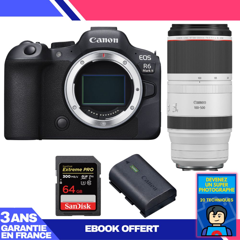 Boitier Canon EOS R6 Mark II + RF 100 500mm f4.5 7.1 IS USM + 1 SanDisk Extreme PRO UHS II SDXC 300 MB/ + 1 Canon LP E6NH + Ebook 'Devenez Un Super Photographe - vue 4