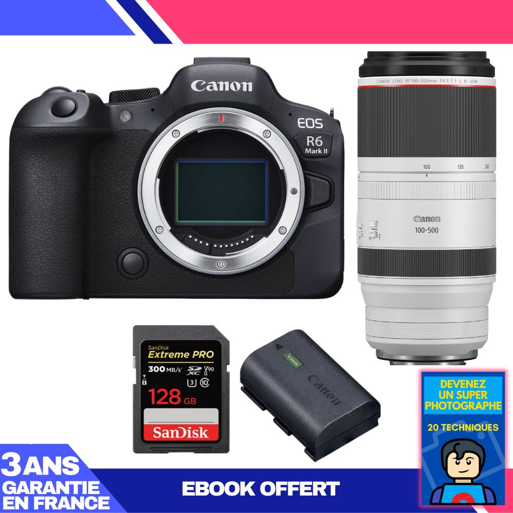 Boitier Canon EOS R6 Mark II + RF 100 500mm f4.5 7.1 IS USM + 1 SanDisk Extreme PRO UHS II SDXC 300 MB/ + 1 Canon LP E6NH + Ebook 'Devenez Un Super Photographe - vue 2