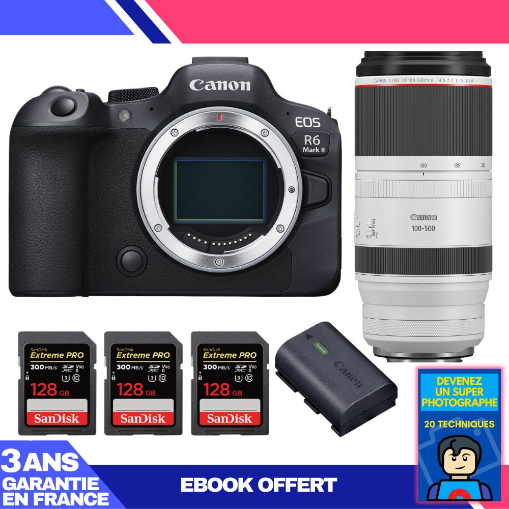 Boitier Canon EOS R6 Mark II + RF 100 500mm f4.5 7.1 IS USM + 3 SanDisk Extreme PRO UHS II SDXC 300 MB/ + 1 Canon LP E6NH + Ebook 'Devenez Un Super Photographe - vue 3