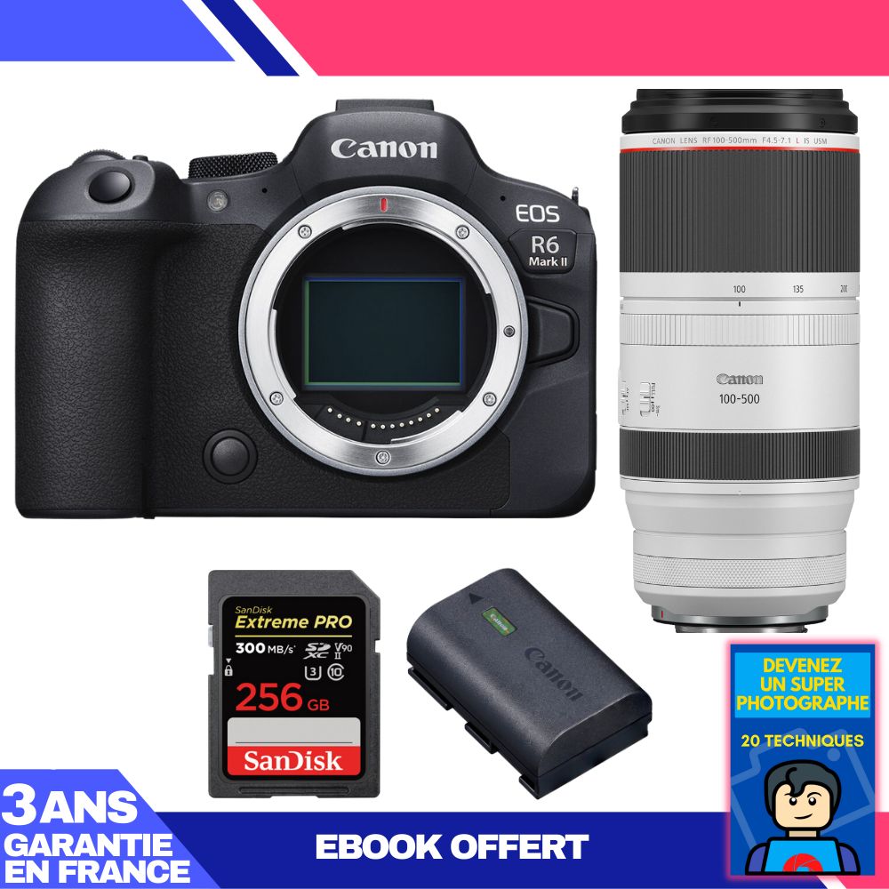 Boitier Canon EOS R6 Mark II + RF 100 500mm f4.5 7.1 IS USM + 1 SanDisk Extreme PRO UHS II SDXC 300 MB/ + 1 Canon LP E6NH + Ebook 'Devenez Un Super Photographe - vue 3