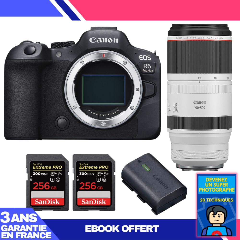 Boitier Canon EOS R6 Mark II + RF 100 500mm f4.5 7.1 IS USM + 2 SanDisk Extreme PRO UHS II SDXC 300 MB/ + 1 Canon LP E6NH + Ebook 'Devenez Un Super Photographe - vue 2