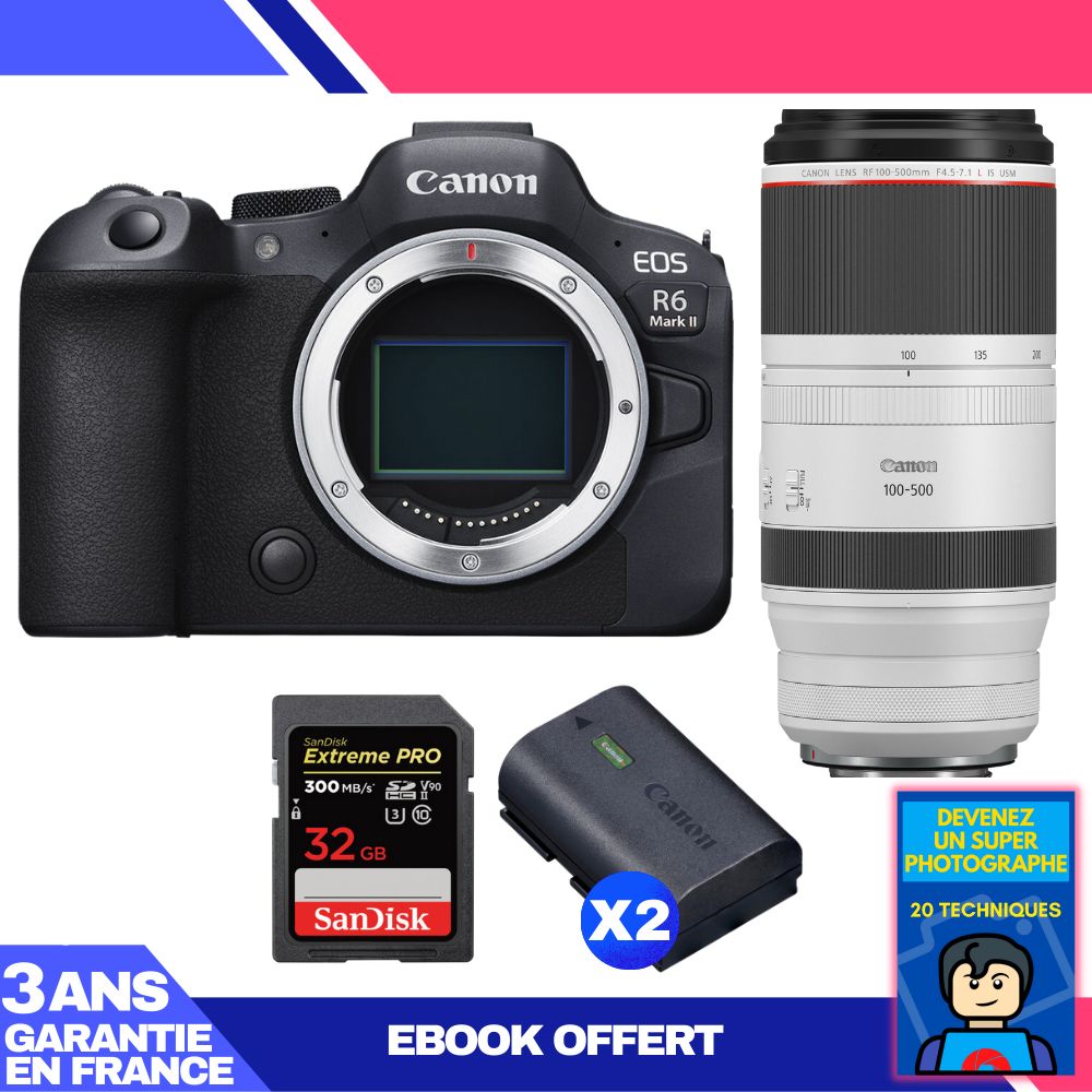 Boitier Canon EOS R6 Mark II + RF 100 500mm f4.5 7.1 IS USM + 1 SanDisk Extreme PRO UHS II SDXC 300 MB/ + 2 Canon LP E6NH + Ebook 'Devenez Un Super Photographe