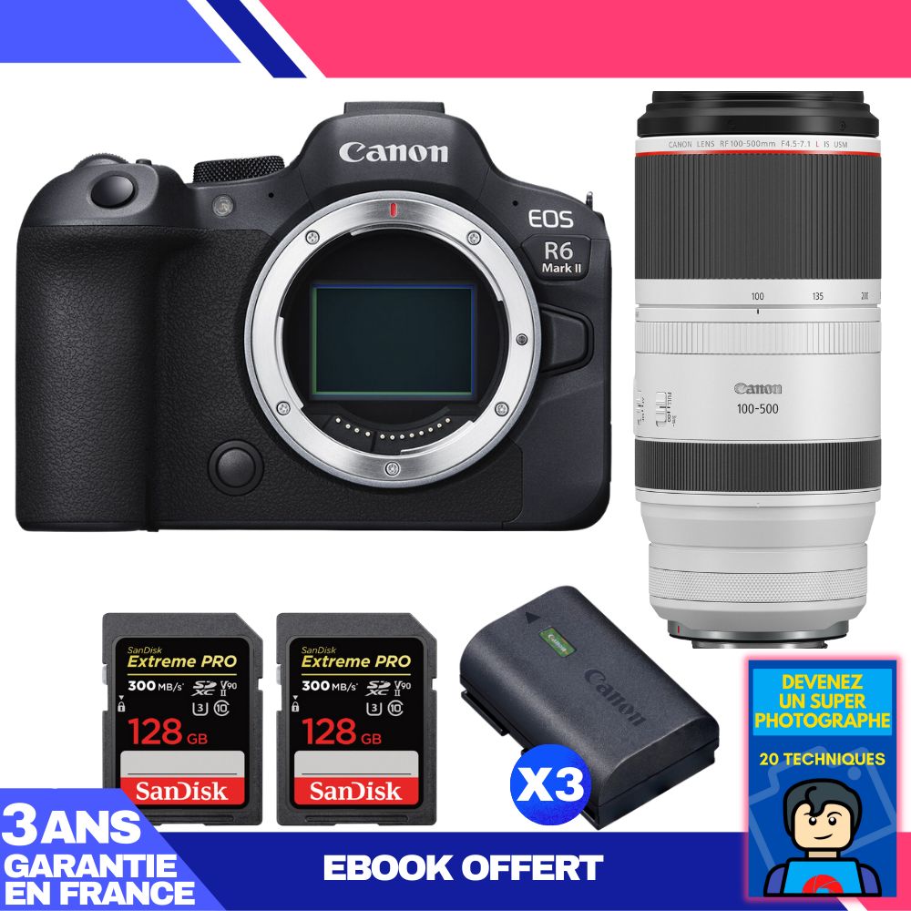 Boitier Canon EOS R6 Mark II + RF 100 500mm f4.5 7.1 IS USM + 2 SanDisk Extreme PRO UHS II SDXC 300 MB/ + 3 Canon LP E6NH + Ebook 'Devenez Un Super Photographe - vue 2