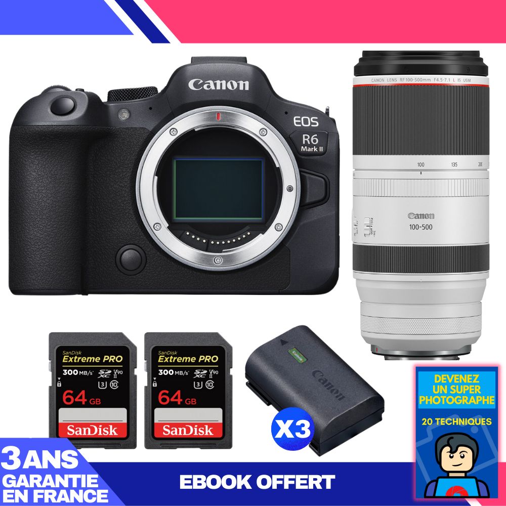 Boitier Canon EOS R6 Mark II + RF 100 500mm f4.5 7.1 IS USM + 2 SanDisk Extreme PRO UHS II SDXC 300 MB/ + 3 Canon LP E6NH + Ebook 'Devenez Un Super Photographe