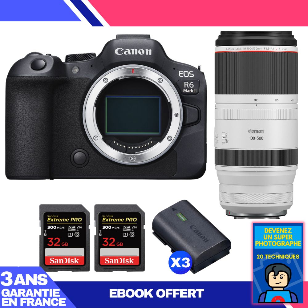 Boitier Canon EOS R6 Mark II + RF 100 500mm f4.5 7.1 IS USM + 2 SanDisk Extreme PRO UHS II SDXC 300 MB/ + 3 Canon LP E6NH + Ebook 'Devenez Un Super Photographe - vue 3