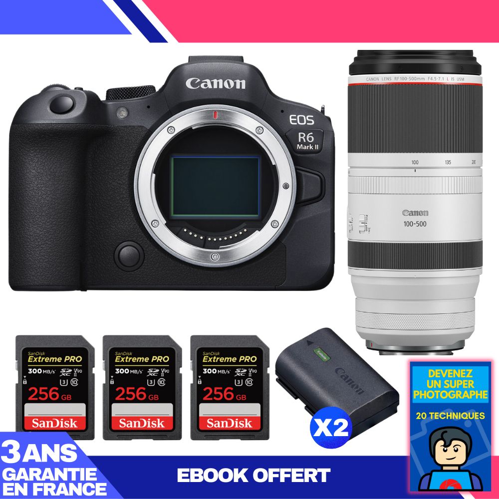 Boitier Canon EOS R6 Mark II + RF 100 500mm f4.5 7.1 IS USM + 3 SanDisk Extreme PRO UHS II SDXC 300 MB/ + 2 Canon LP E6NH + Ebook 'Devenez Un Super Photographe - vue 3