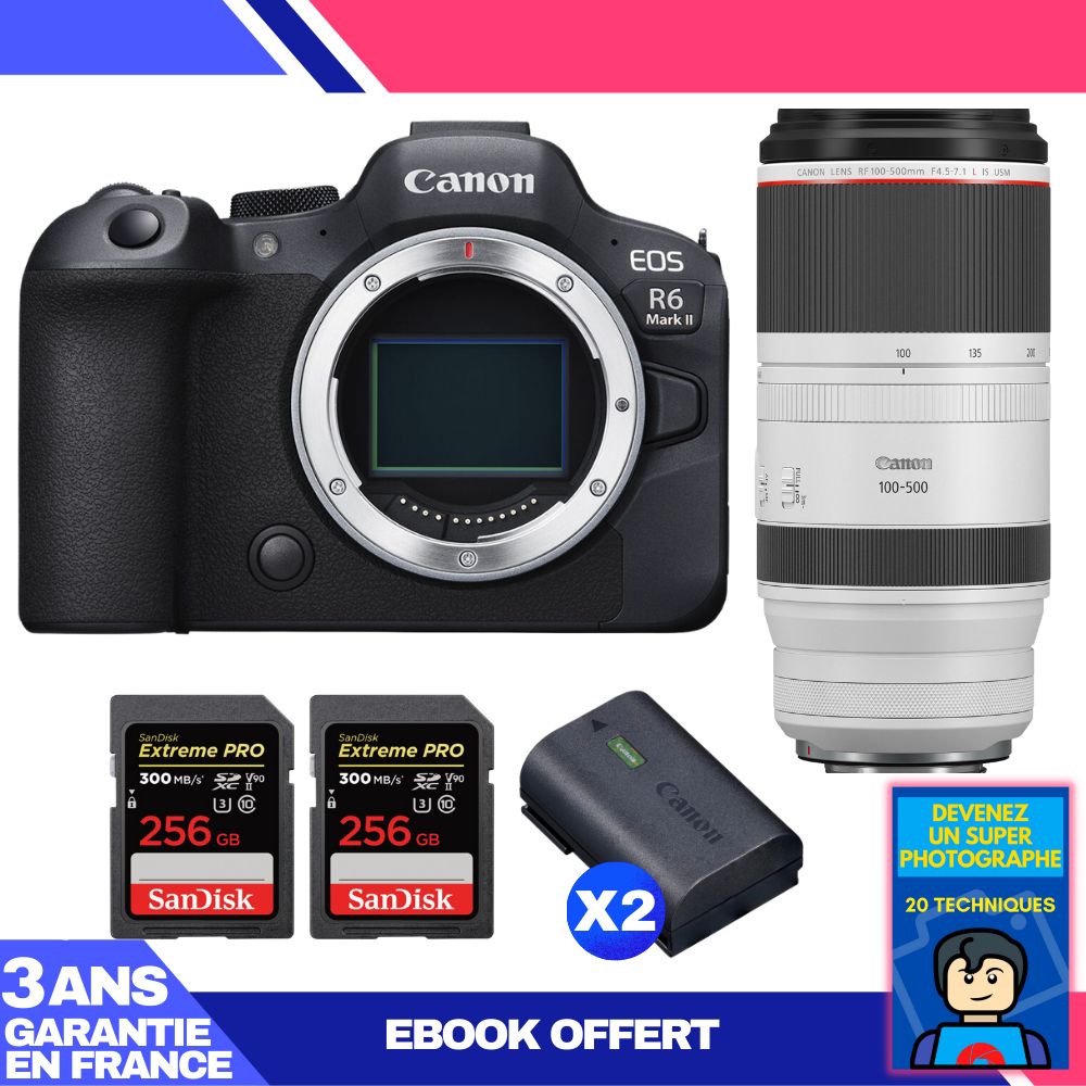 Boitier Canon EOS R6 Mark II + RF 100 500mm f4.5 7.1 IS USM + 2 SanDisk Extreme PRO UHS II SDXC 300 MB/ + 2 Canon LP E6NH + Ebook 'Devenez Un Super Photographe - vue 2