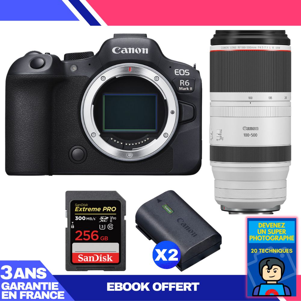 Boitier Canon EOS R6 Mark II + RF 100 500mm f4.5 7.1 IS USM + 1 SanDisk Extreme PRO UHS II SDXC 300 MB/ + 2 Canon LP E6NH + Ebook 'Devenez Un Super Photographe - vue 4