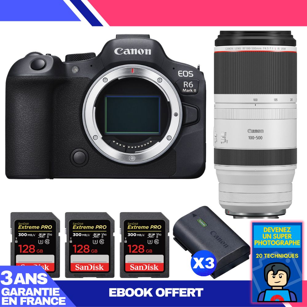 Boitier Canon EOS R6 Mark II + RF 100 500mm f4.5 7.1 IS USM + 3 SanDisk Extreme PRO UHS II SDXC 300 MB/ + 2 Canon LP E6NH + Ebook 'Devenez Un Super Photographe - vue 2