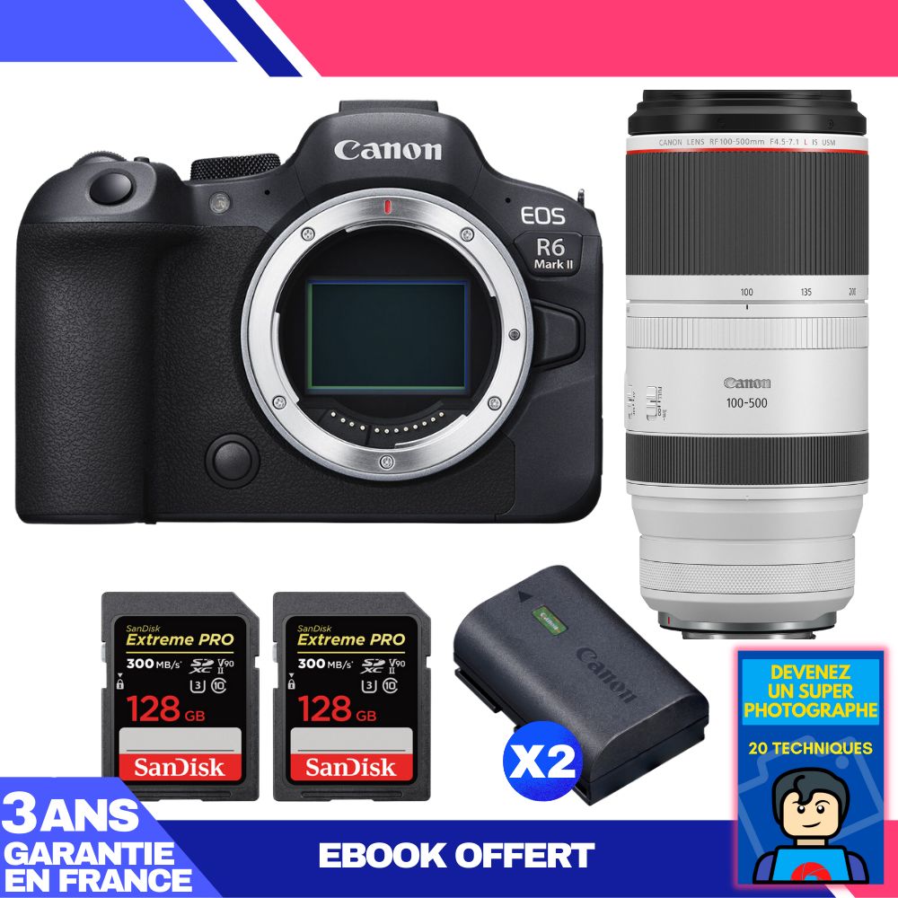Boitier Canon EOS R6 Mark II + RF 100 500mm f4.5 7.1 IS USM + 2 SanDisk Extreme PRO UHS II SDXC 300 MB/ + 2 Canon LP E6NH + Ebook 'Devenez Un Super Photographe - vue 4