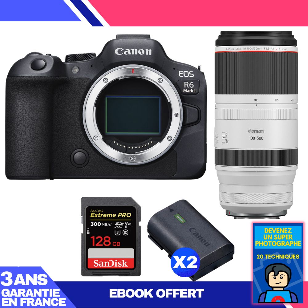 Boitier Canon EOS R6 Mark II + RF 100 500mm f4.5 7.1 IS USM + 1 SanDisk Extreme PRO UHS II SDXC 300 MB/ + 2 Canon LP E6NH + Ebook 'Devenez Un Super Photographe - vue 3