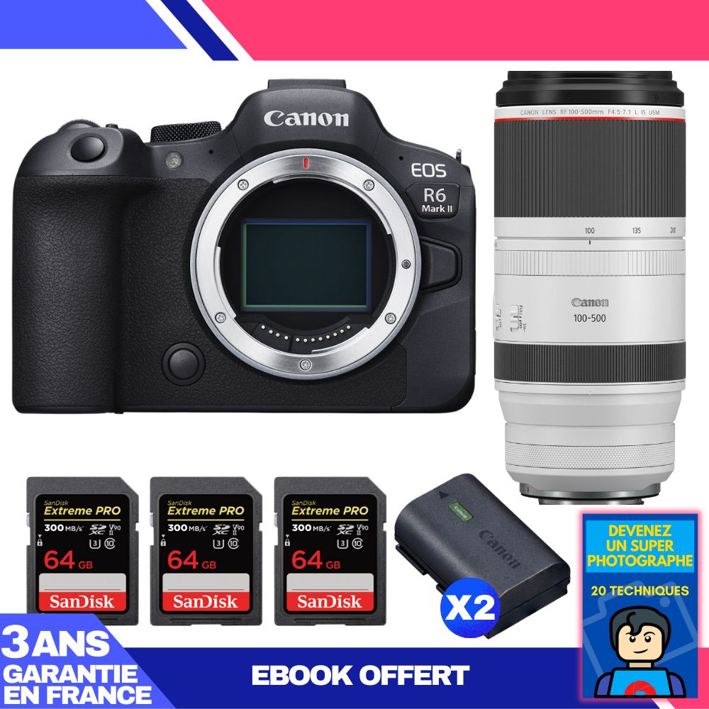 Boitier Canon EOS R6 Mark II + RF 100 500mm f4.5 7.1 IS USM + 3 SanDisk Extreme PRO UHS II SDXC 300 MB/ + 2 Canon LP E6NH + Ebook 'Devenez Un Super Photographe - vue 4