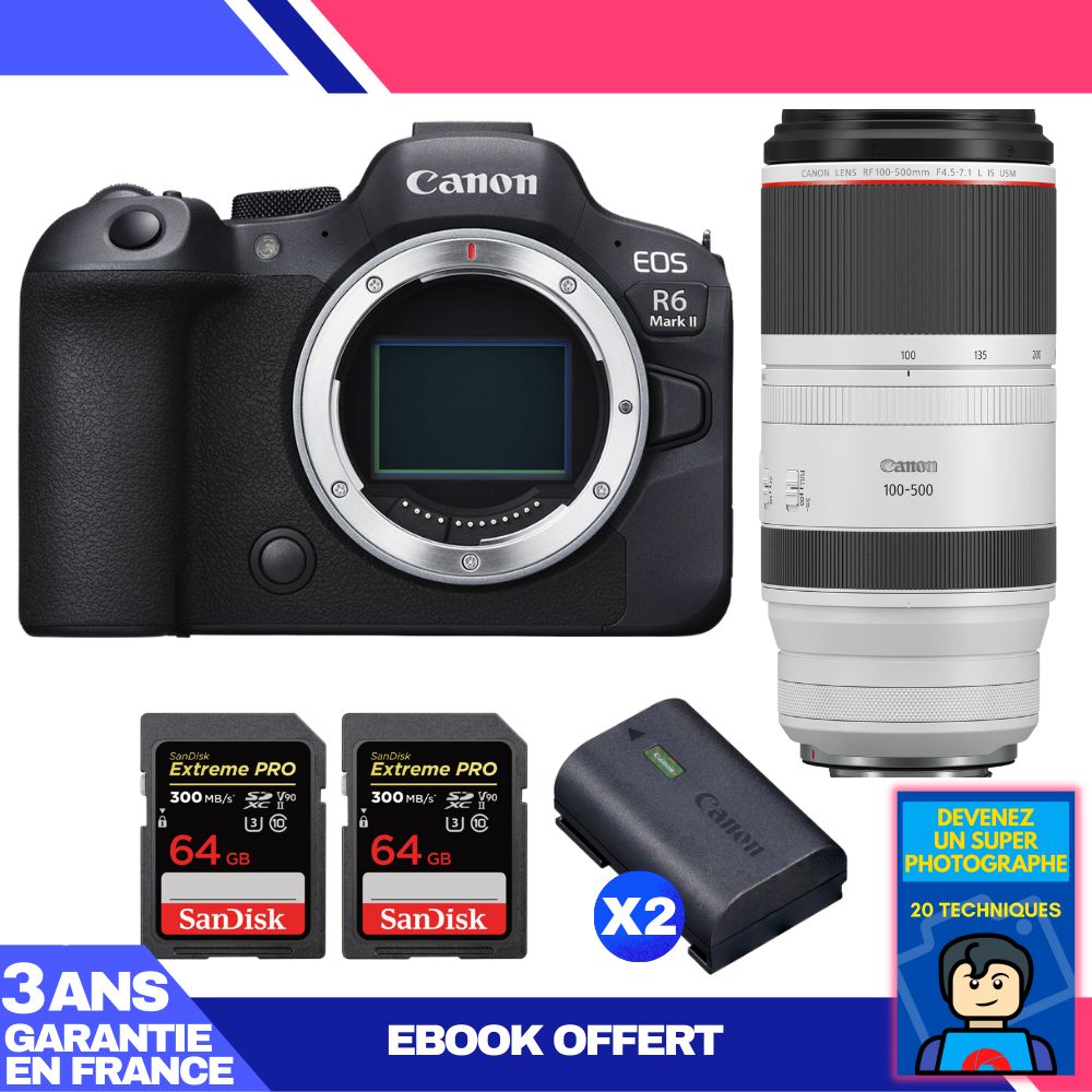 Boitier Canon EOS R6 Mark II + RF 100 500mm f4.5 7.1 IS USM + 2 SanDisk Extreme PRO UHS II SDXC 300 MB/ + 2 Canon LP E6NH + Ebook 'Devenez Un Super Photographe
