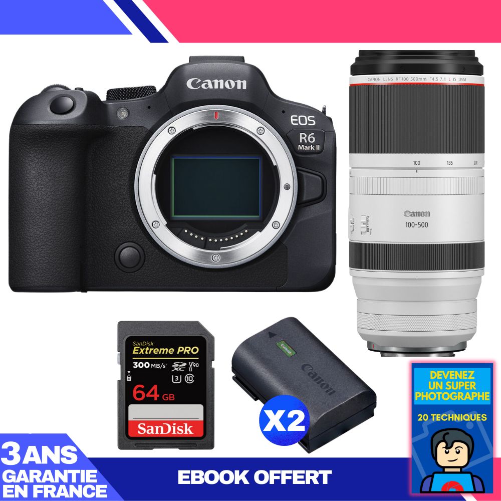 Boitier Canon EOS R6 Mark II + RF 100 500mm f4.5 7.1 IS USM + 1 SanDisk Extreme PRO UHS II SDXC 300 MB/ + 2 Canon LP E6NH + Ebook 'Devenez Un Super Photographe - vue 2