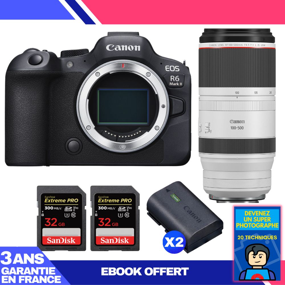 Boitier Canon EOS R6 Mark II + RF 100 500mm f4.5 7.1 IS USM + 2 SanDisk Extreme PRO UHS II SDXC 300 MB/ + 2 Canon LP E6NH + Ebook 'Devenez Un Super Photographe - vue 3