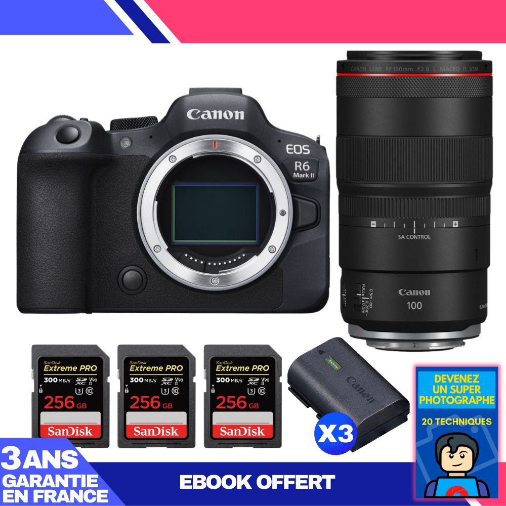 Boitier Canon EOS R6 Mark II + RF 100mm f2.8 Macro IS USM + 3 SanDisk Extreme PRO UHS II SDXC 300 MB/ + 3 Canon LP E6NH + Ebook 'Devenez Un Super Photographe - vue 2