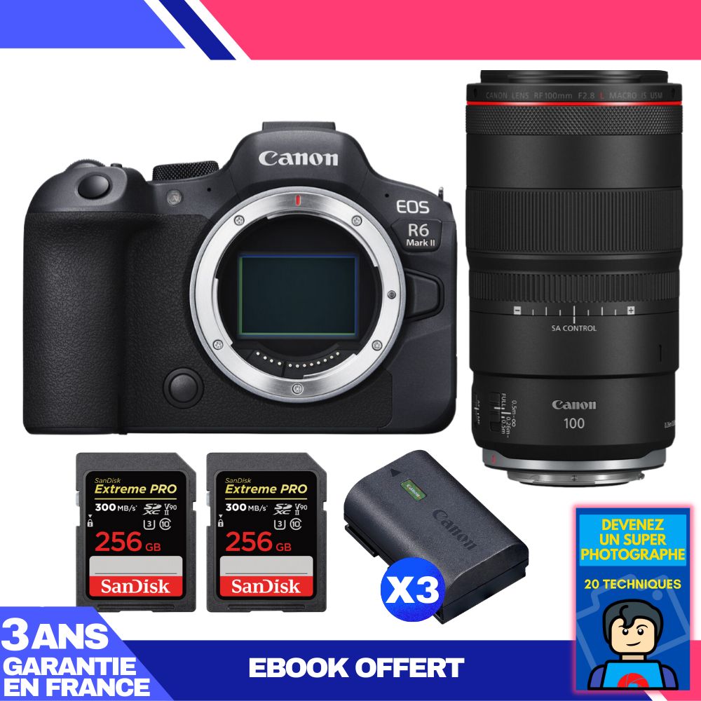 Boitier Canon EOS R6 Mark II + RF 100mm f2.8 Macro IS USM + 2 SanDisk Extreme PRO UHS II SDXC 300 MB/ + 3 Canon LP E6NH + Ebook 'Devenez Un Super Photographe - vue 3