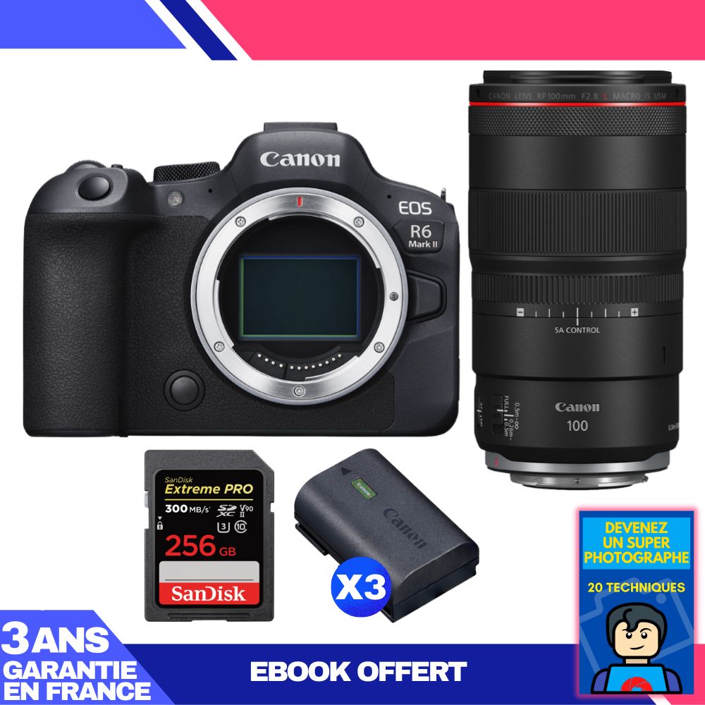 Boitier Canon EOS R6 Mark II + RF 100mm f2.8 Macro IS USM + 1 SanDisk Extreme PRO UHS II SDXC 300 MB/ + 3 Canon LP E6NH + Ebook 'Devenez Un Super Photographe - vue 2