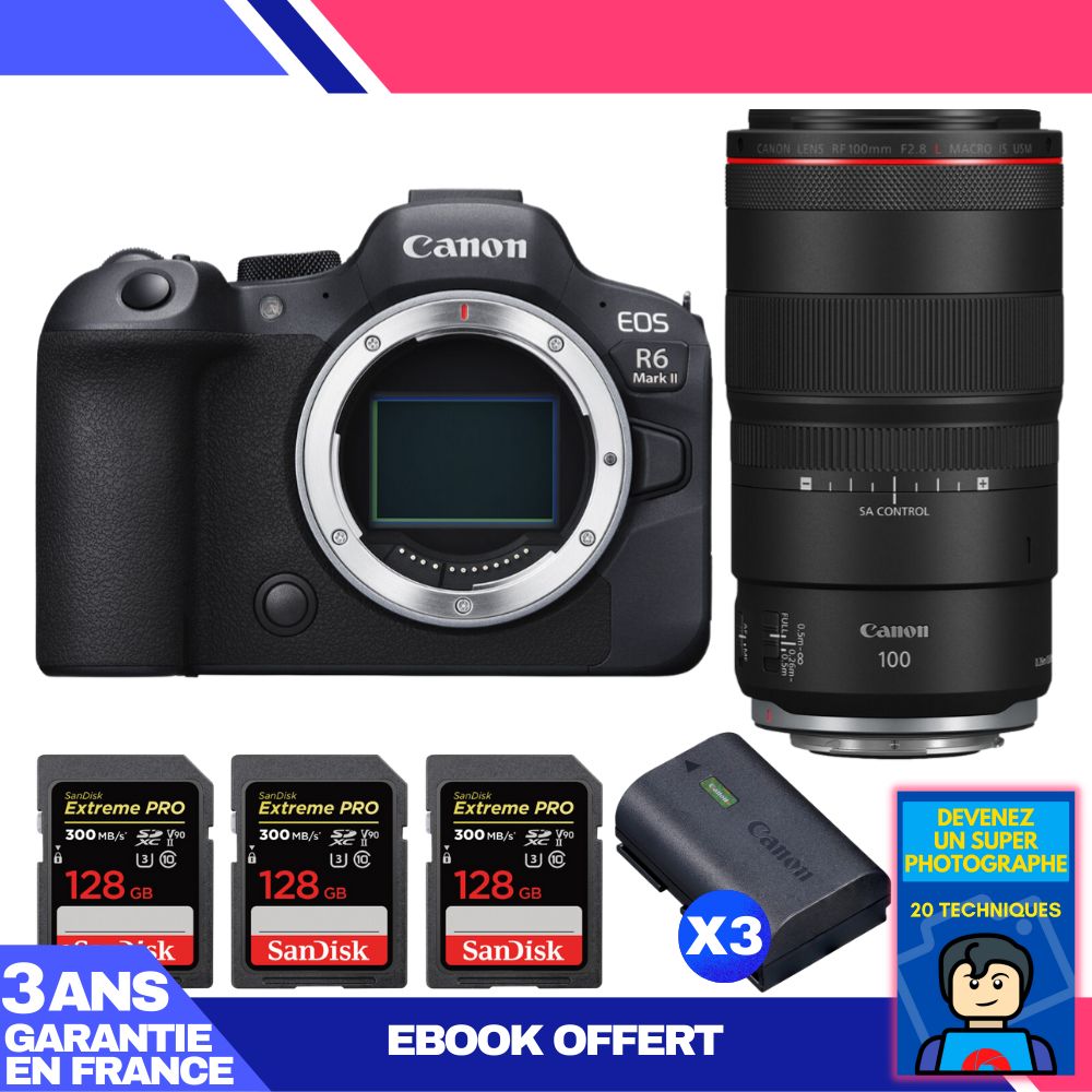 Boitier Canon EOS R6 Mark II + RF 100mm f2.8 Macro IS USM + 3 SanDisk Extreme PRO UHS II SDXC 300 MB/ + 3 Canon LP E6NH + Ebook 'Devenez Un Super Photographe - vue 3