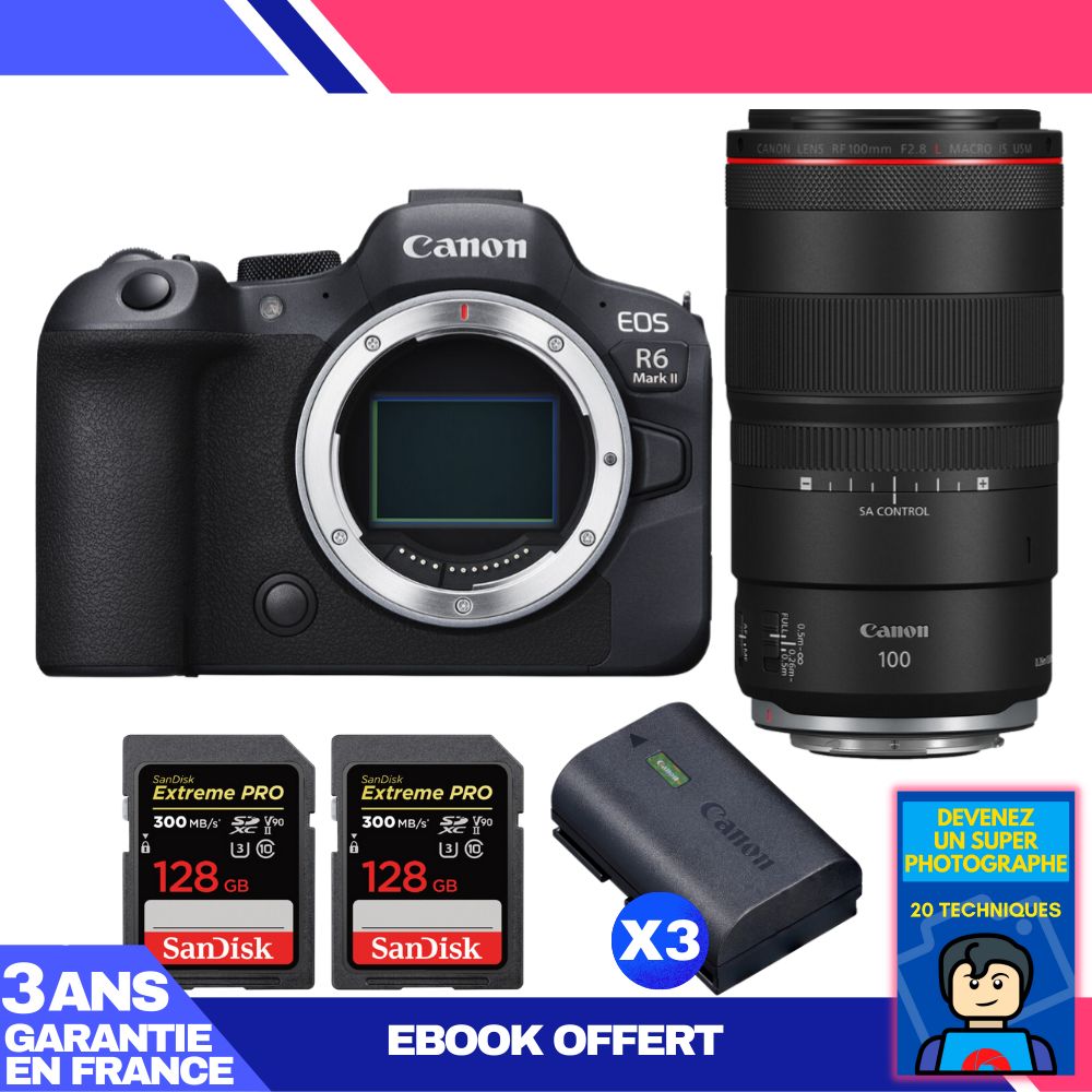 Boitier Canon EOS R6 Mark II + RF 100mm f2.8 Macro IS USM + 2 SanDisk Extreme PRO UHS II SDXC 300 MB/ + 3 Canon LP E6NH + Ebook 'Devenez Un Super Photographe
