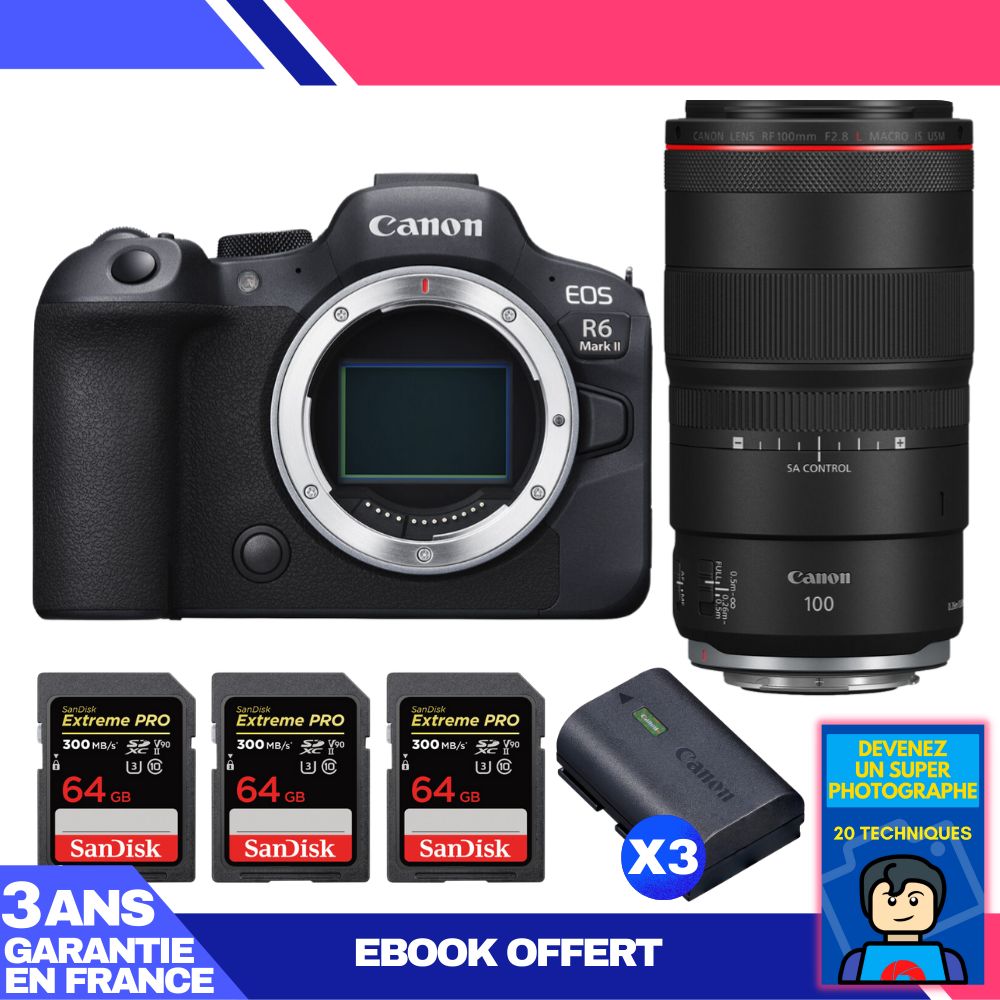 Boitier Canon EOS R6 Mark II + RF 100mm f2.8 Macro IS USM + 3 SanDisk Extreme PRO UHS II SDXC 300 MB/ + 3 Canon LP E6NH + Ebook 'Devenez Un Super Photographe