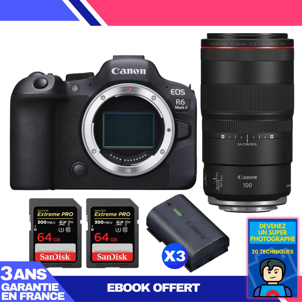 Boitier Canon EOS R6 Mark II + RF 100mm f2.8 Macro IS USM + 2 SanDisk Extreme PRO UHS II SDXC 300 MB/ + 3 Canon LP E6NH + Ebook 'Devenez Un Super Photographe - vue 4