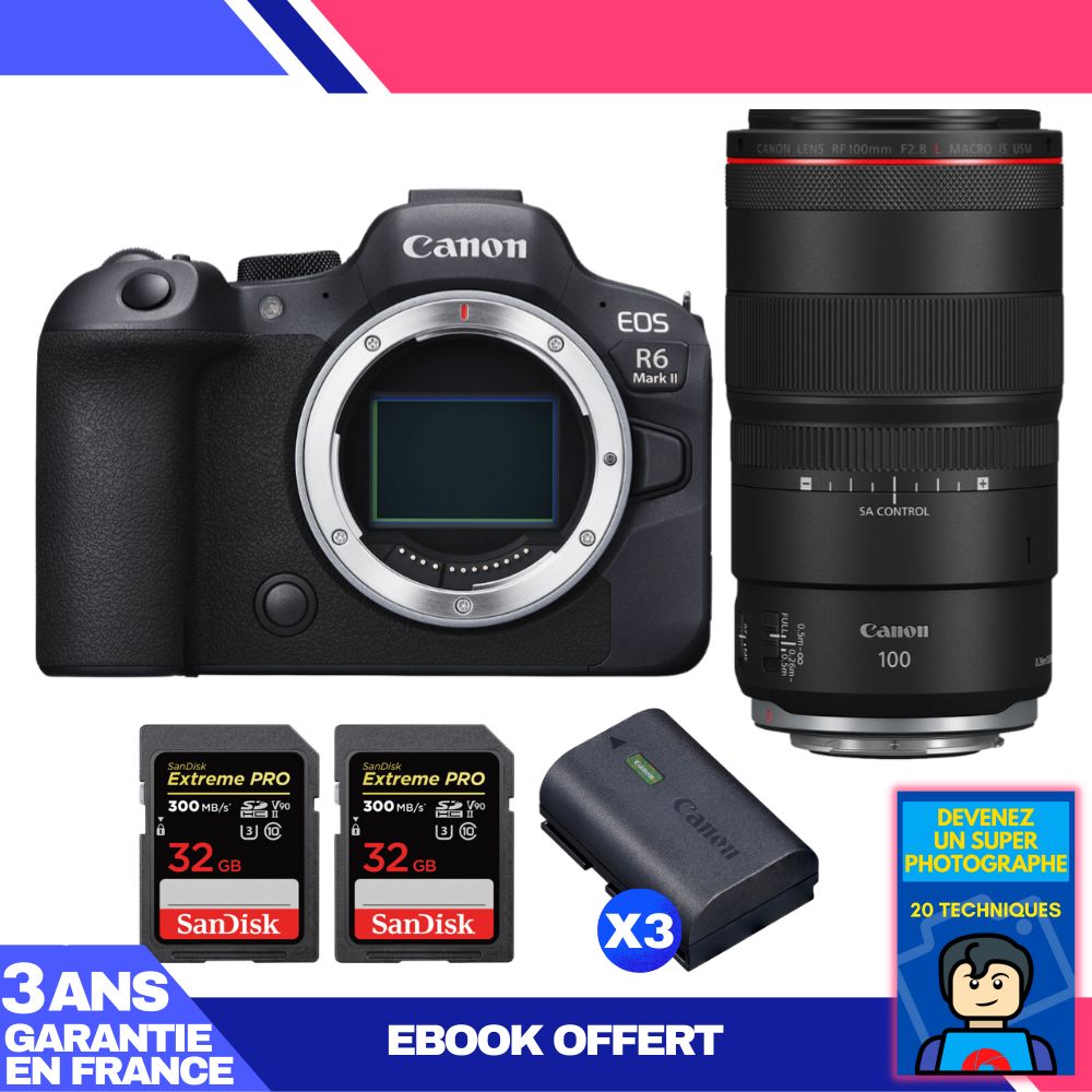 Boitier Canon EOS R6 Mark II + RF 100mm f2.8 Macro IS USM + 2 SanDisk Extreme PRO UHS II SDXC 300 MB/ + 3 Canon LP E6NH + Ebook 'Devenez Un Super Photographe - vue 2