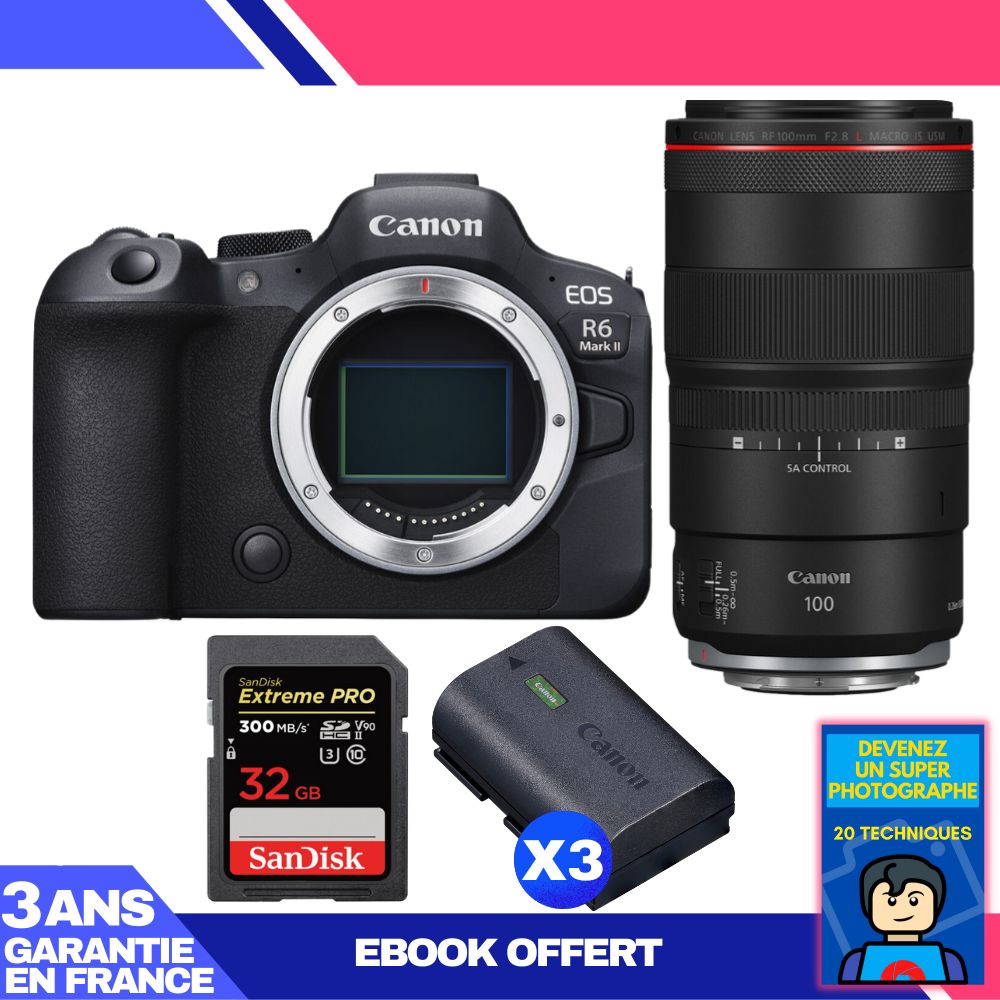 Boitier Canon EOS R6 Mark II + RF 100mm f2.8 Macro IS USM + 1 SanDisk Extreme PRO UHS II SDXC 300 MB/ + 3 Canon LP E6NH + Ebook 'Devenez Un Super Photographe - vue 3
