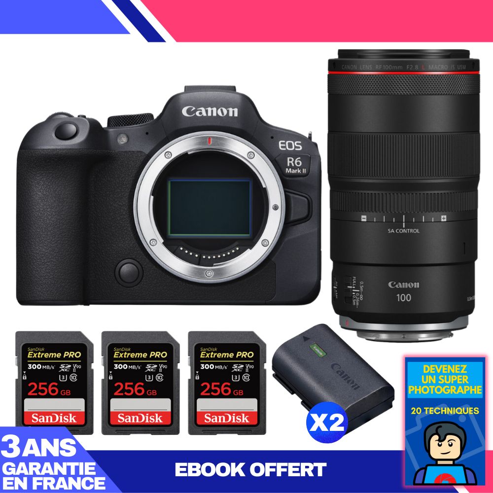 Boitier Canon EOS R6 Mark II + RF 100mm f2.8 Macro IS USM + 3 SanDisk Extreme PRO UHS II SDXC 300 MB/ + 2 Canon LP E6NH + Ebook 'Devenez Un Super Photographe - vue 3