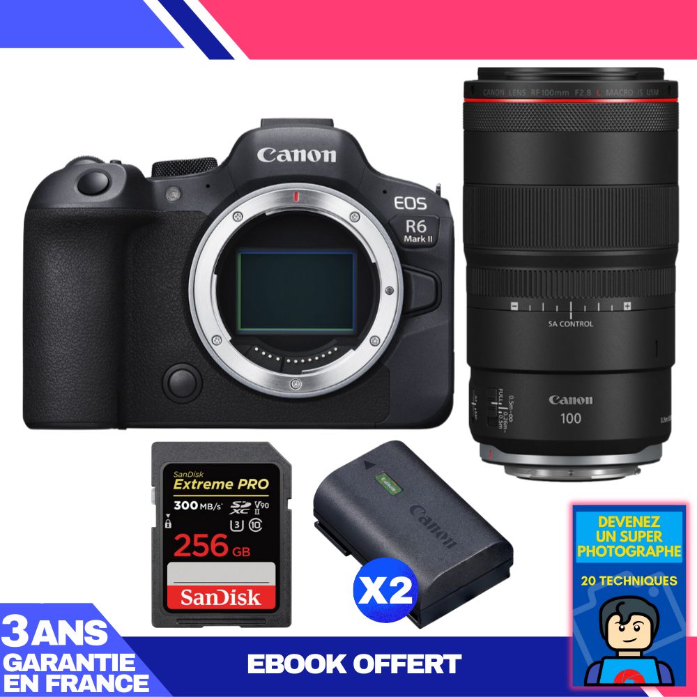 Boitier Canon EOS R6 Mark II + RF 100mm f2.8 Macro IS USM + 1 SanDisk Extreme PRO UHS II SDXC 300 MB/ + 2 Canon LP E6NH + Ebook 'Devenez Un Super Photographe - vue 4