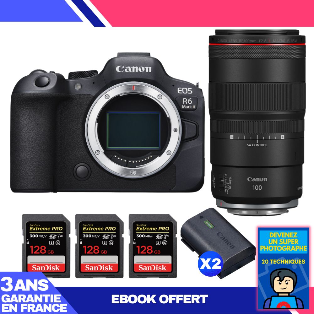 Boitier Canon EOS R6 Mark II + RF 100mm f2.8 Macro IS USM + 3 SanDisk Extreme PRO UHS II SDXC 300 MB/ + 2 Canon LP E6NH + Ebook 'Devenez Un Super Photographe - vue 2
