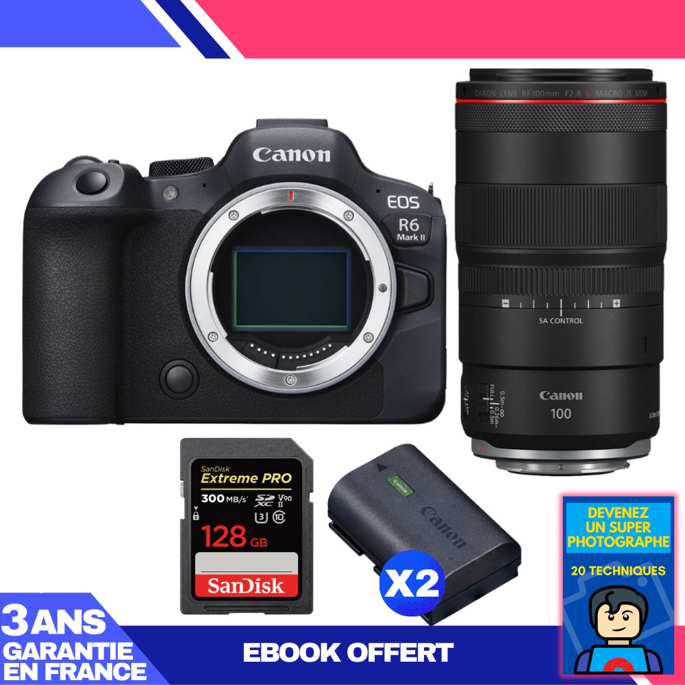 Boitier Canon EOS R6 Mark II + RF 100mm f2.8 Macro IS USM + 1 SanDisk Extreme PRO UHS II SDXC 300 MB/ + 2 Canon LP E6NH + Ebook 'Devenez Un Super Photographe